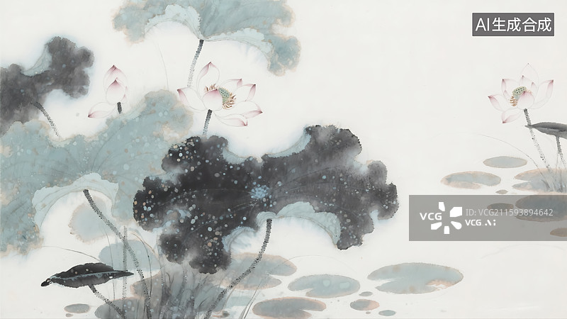 【AI数字艺术】水墨风荷塘插画图片素材