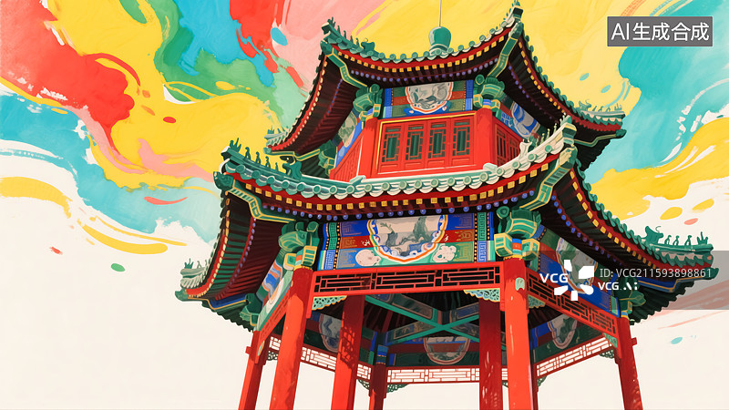 【AI数字艺术】中式建筑插画图片素材