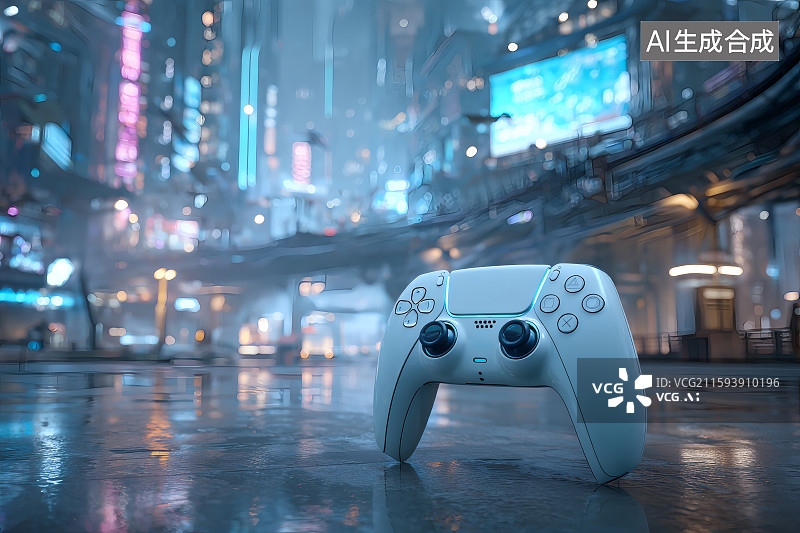 【AI数字艺术】城市建筑为背景，游戏手柄，电子竞技海报图片素材