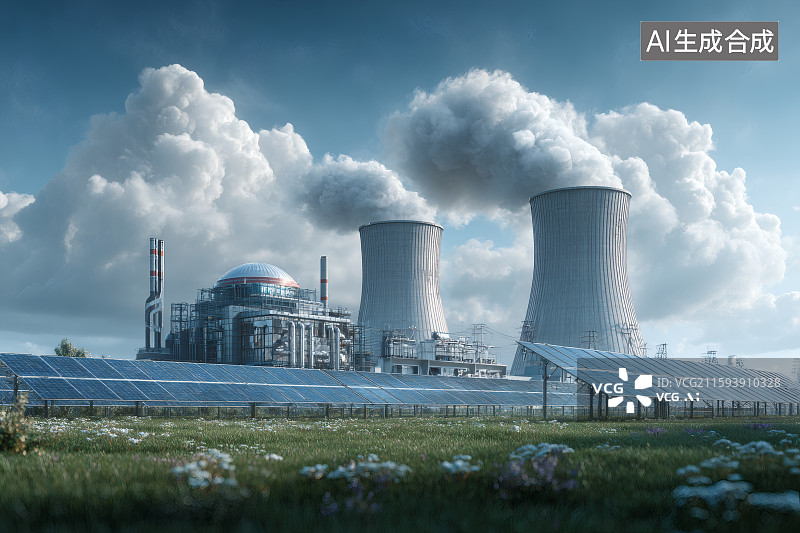 【AI数字艺术】草地上的光伏电板，远处的火力发电站烟囱中冒着浓烟图片素材