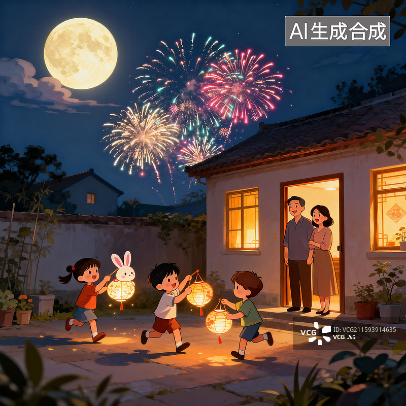 【AI数字艺术】中秋月圆夜，一家人在阳台吃月饼赏月，现代插画，不同场景，城市乡村，万家灯火图片素材