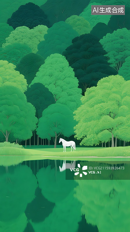 【AI数字艺术】茂密的树林里河畔一匹白马图片素材