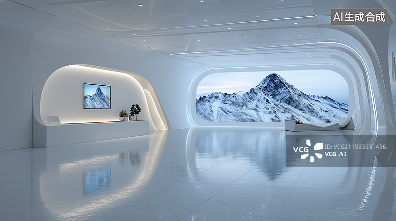 【AI数字艺术】弧形展厅雪山全景幕图片素材