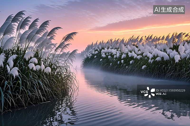 【AI数字艺术】清晨江面上波光粼粼，岸边逐渐清晰的芦苇荡，白色的芦苇絮在风中摇曳图片素材