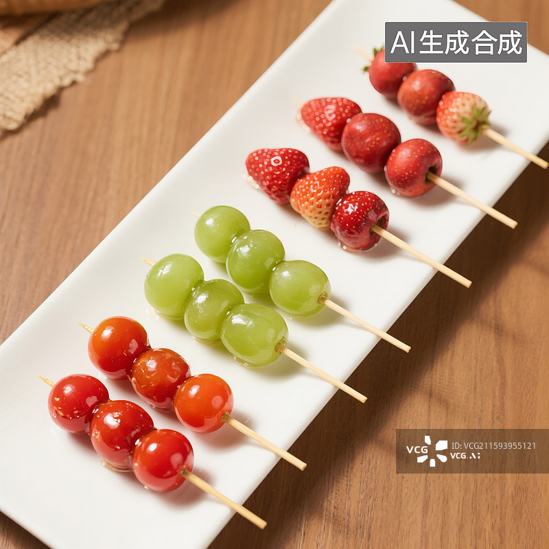 【AI数字艺术】长方形白色餐盘上放了几串糖葫芦，有一串糖山楂，一串青提糖葫芦，一串草莓糖葫芦，一串小番茄糖葫芦，高清图片素材