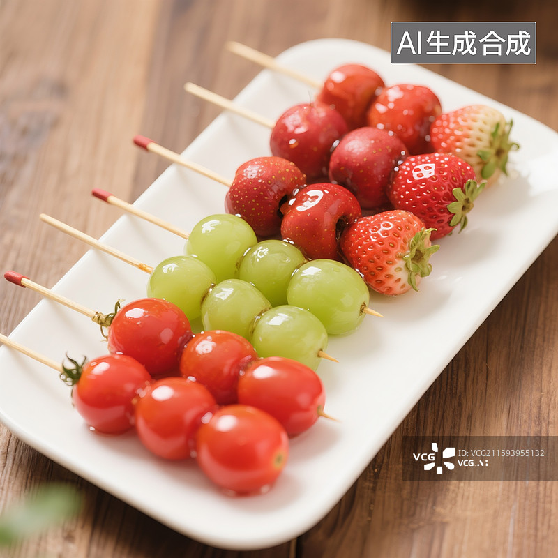 【AI数字艺术】长方形白色餐盘上放了几串糖葫芦，有一串糖山楂，一串青提糖葫芦，一串草莓糖葫芦，一串小番茄糖葫芦，高清图片素材