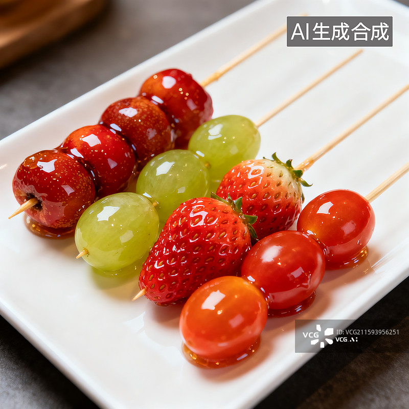 【AI数字艺术】长方形白色餐盘上放了几串糖葫芦，有一串糖山楂，一串青提糖葫芦，一串草莓糖葫芦，一串小番茄糖葫芦，高清图片素材