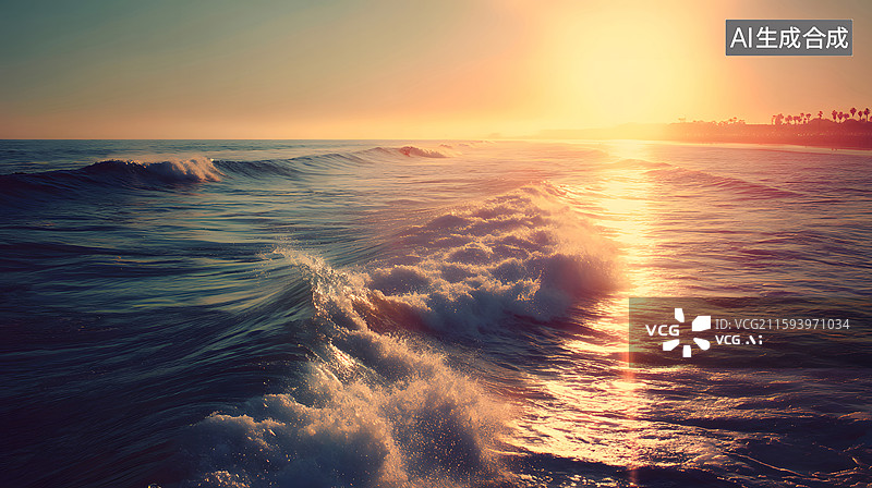 【AI数字艺术】海上日落与海浪图片素材