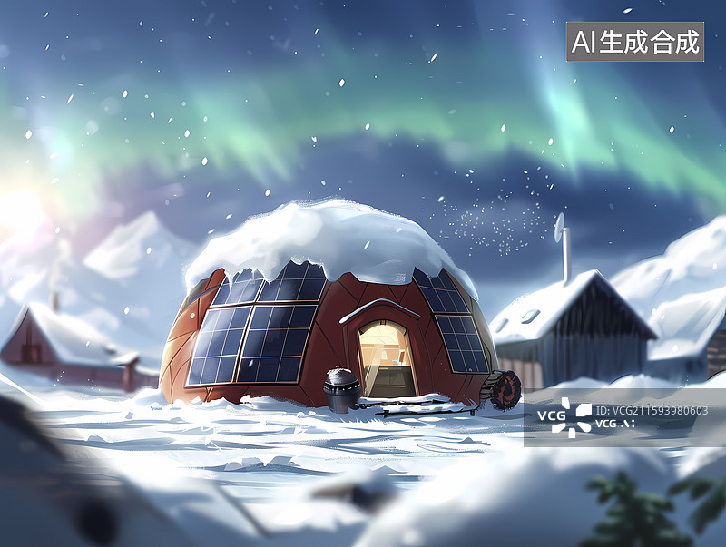 【AI数字艺术】卡通风格冬天极地观测站主题插图背景图片素材