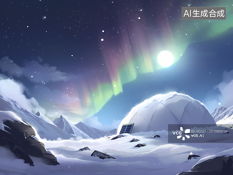 【AI数字艺术】卡通风格冬天极地观测站主题插图背景图片素材