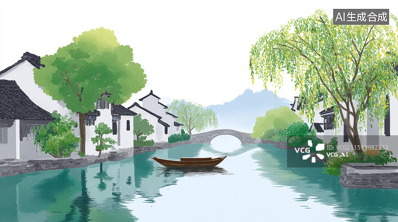 【AI数字艺术】水乡河流与两岸的房屋图片素材