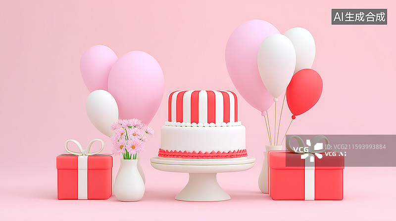 【AI数字艺术】粉色背景前有蛋糕礼物和气球图片素材