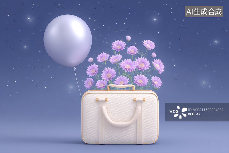 【AI数字艺术】白色手提箱和紫花气球图片素材