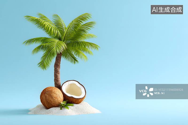 【AI数字艺术】椰子树下几个打开的椰子图片素材