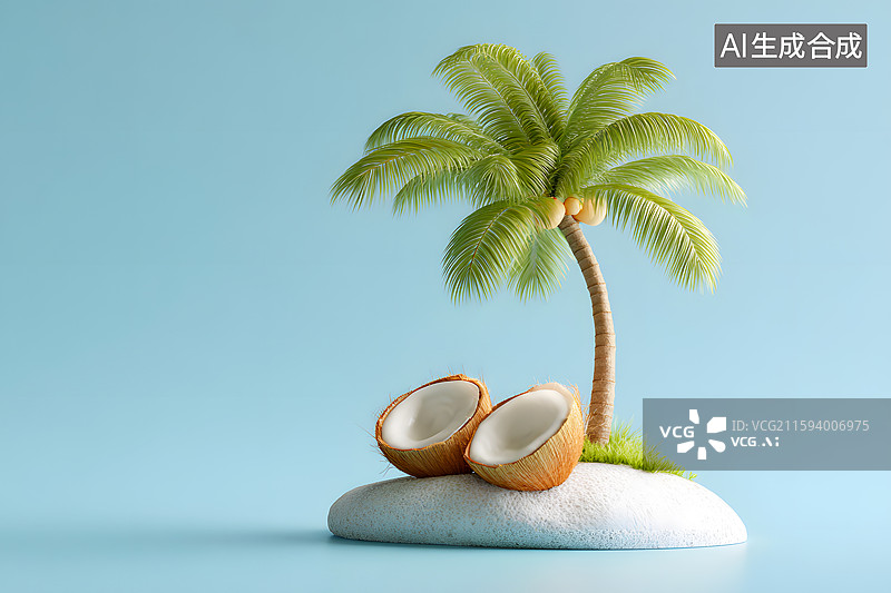【AI数字艺术】椰子树下几个打开的椰子图片素材