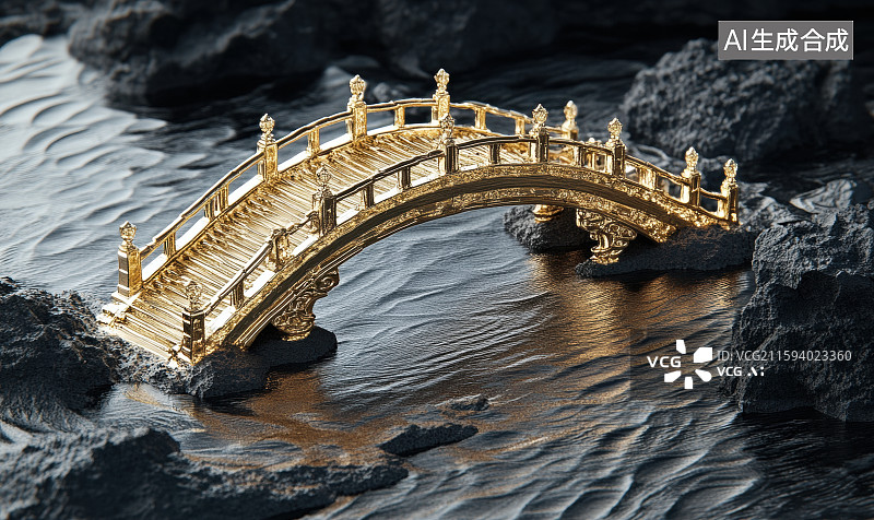 【AI数字艺术】3D三维国风小溪边黑色礁石金色拱桥图片素材