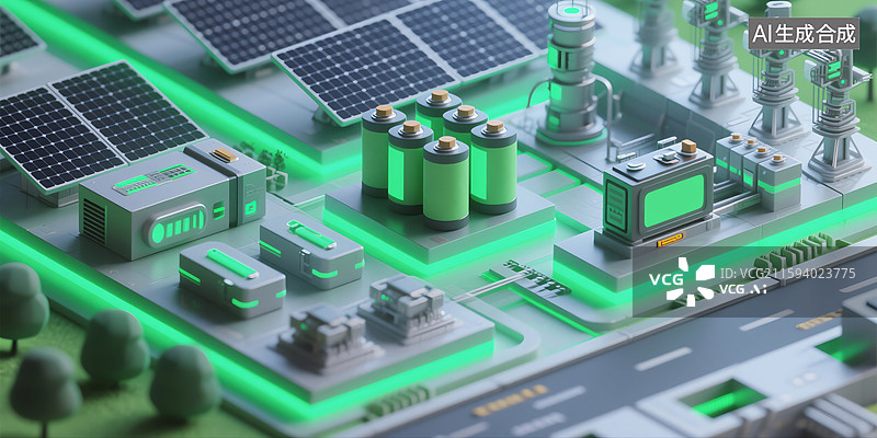【AI数字艺术】科技与能源概念新质生产力太阳能光伏板风力发电机工厂绿色发光电池图片素材