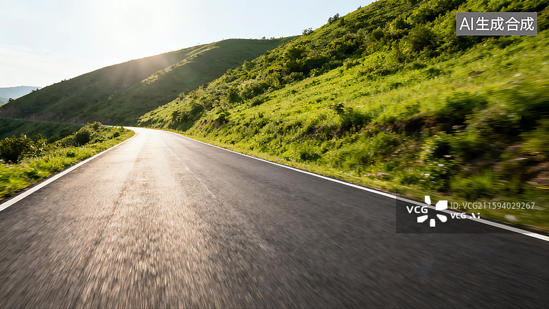 【AI数字艺术】绿色山间的运动模糊高速公路汽车广告背景图图片素材