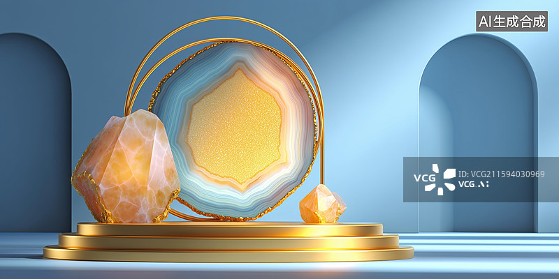 【AI数字艺术】金色台面上带波纹的天然水晶玛瑙展台橱窗3D立体插画图片素材