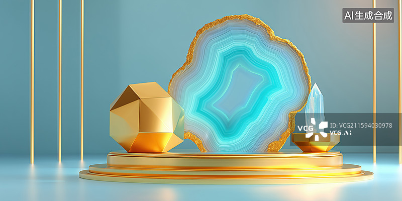 【AI数字艺术】金色台面上带波纹的天然水晶玛瑙展台橱窗3D立体插画图片素材