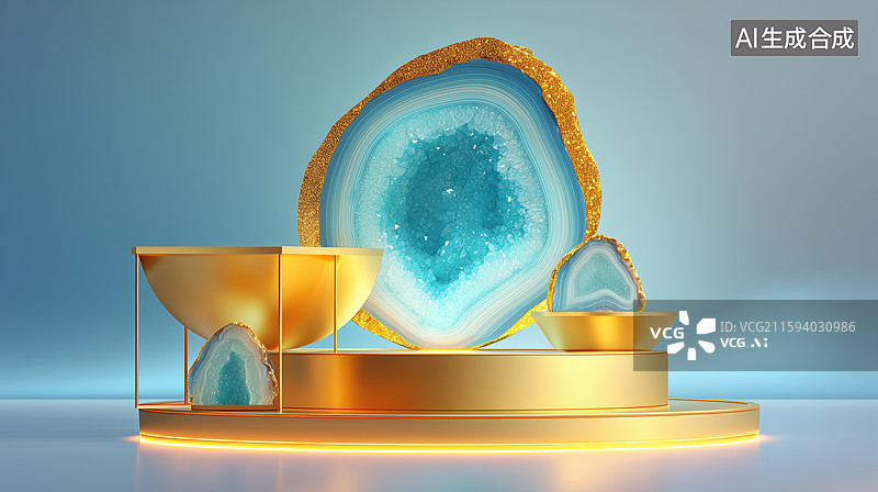 【AI数字艺术】金色台面上带波纹的天然水晶玛瑙展台橱窗3D立体插画图片素材