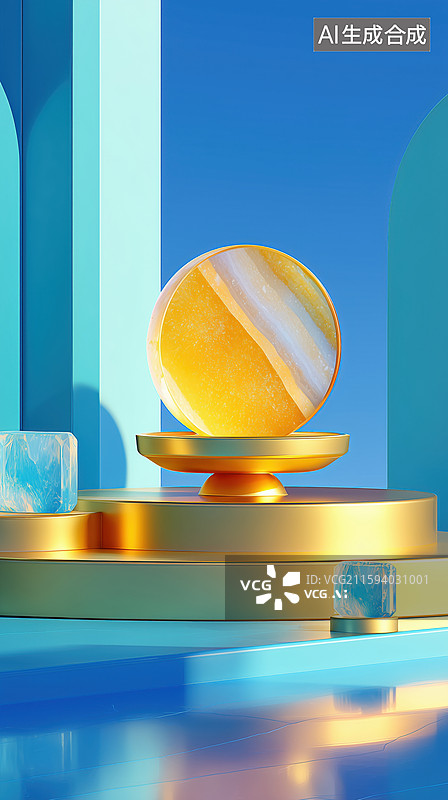 【AI数字艺术】金色台面上带波纹的天然水晶玛瑙展台橱窗3D立体插画图片素材