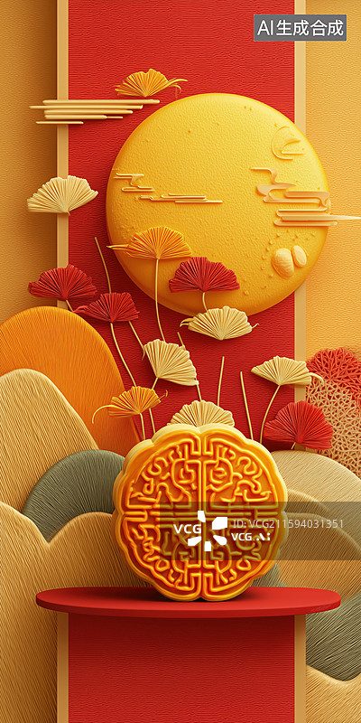【AI数字艺术】中国红中秋赏月国风中式盘中的月饼3D立体布艺刺绣插画图片素材