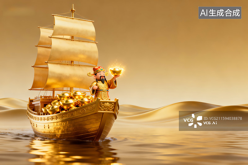 【AI数字艺术】载满财宝的金色福船图片素材