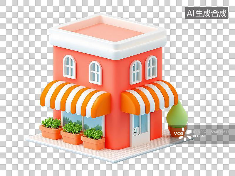 【AI数字艺术】红色卡通3D立体商铺房屋元素图片素材