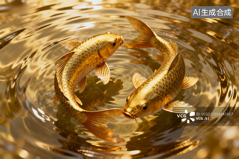【AI数字艺术】两条金色锦鲤在水中游动图片素材