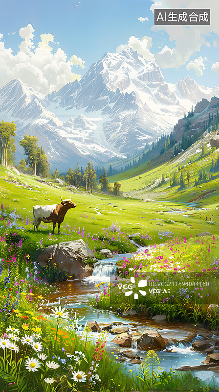 【AI数字艺术】AIGC：雪山下的牧场，绿色草地和牛图片素材