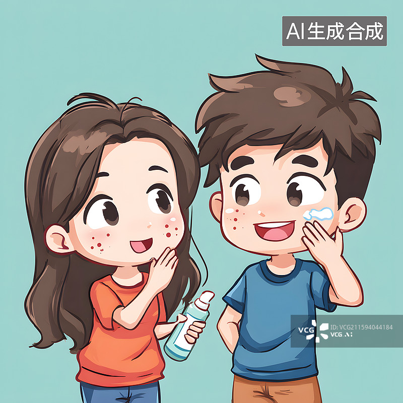 【AI数字艺术】AIGC：两个卡通人物一起护肤 青春痘粉刺面部护理清洁图片素材