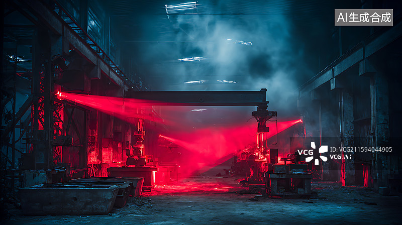 【AI数字艺术】废弃的工业车间，红色激光束切割铝板，烟雾在光线中旋转，金属纹理粗糙。图片素材