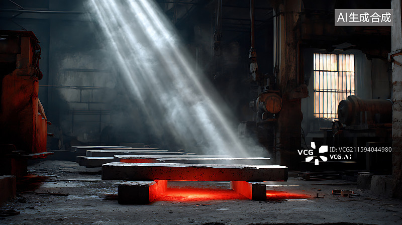 【AI数字艺术】废弃的工业车间，红色激光束切割铝板，烟雾在光线中旋转，金属纹理粗糙。图片素材