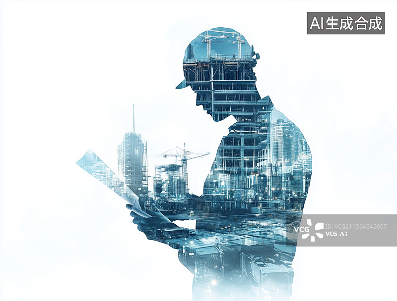 【AI数字艺术】建筑工人工程师劳动者剪影轮廓与工地景观重叠图片素材