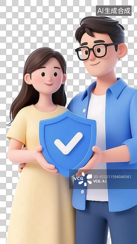 【AI数字艺术】情侣手持带对勾保护安全保险盾牌图片素材