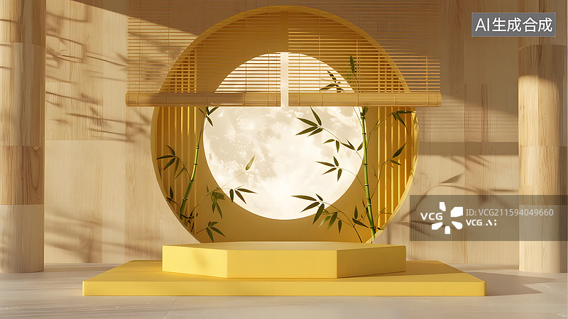 【AI数字艺术】中秋月圆竹子园林产品展台建模背景图片素材