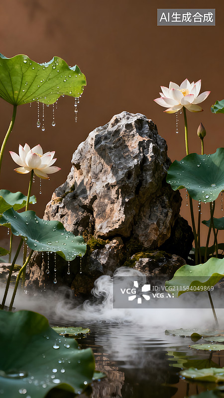 【AI数字艺术】中国风假山石园林荷花产品展台建模背景图片素材