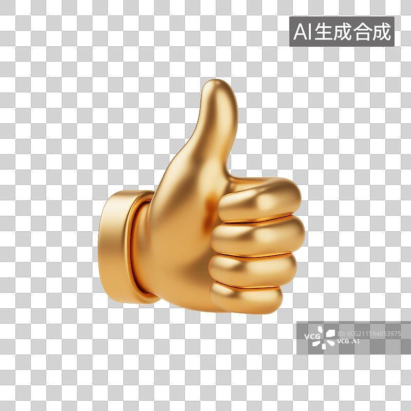 【AI数字艺术】3D渲染，金属质感，金色，点赞手势，竖起大拇指，赞扬，表扬手势，手，图形图标，免抠元素图片素材
