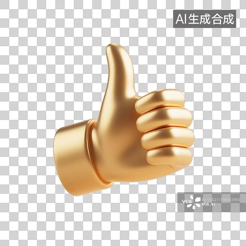 【AI数字艺术】3D渲染，金属质感，金色，点赞手势，竖起大拇指，赞扬，表扬手势，手，图形图标，免抠元素图片素材