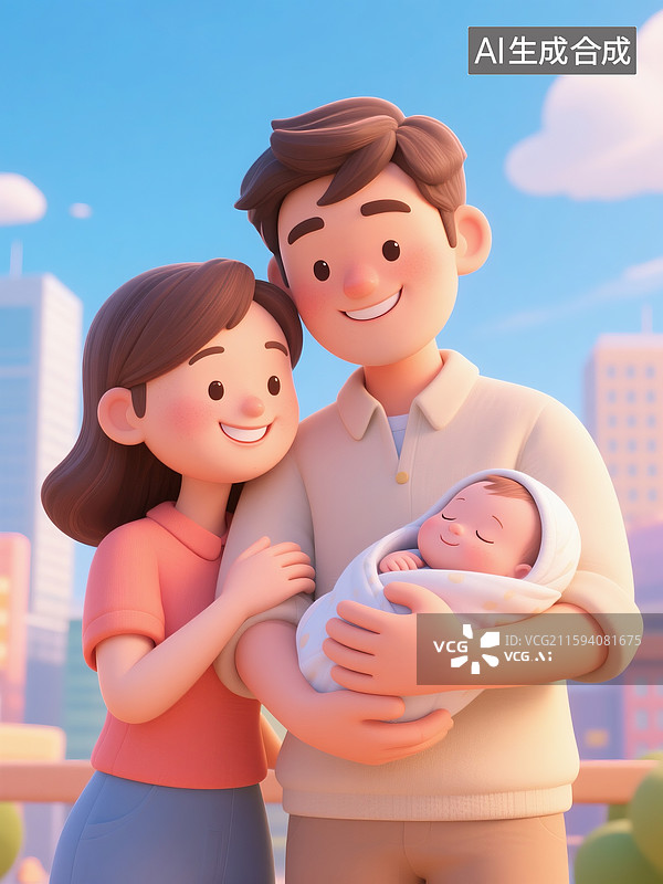 【AI数字艺术】3D立体三维C4D抱着熟睡婴儿的青年伴侣夫妇幸福家庭图片素材