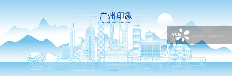 广州城市建筑蓝色线稿科技现代矢量插画海报图片素材