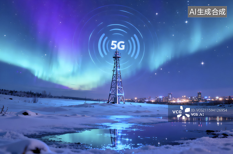 【AI数字艺术】极光下的5G通信塔雪景图片素材