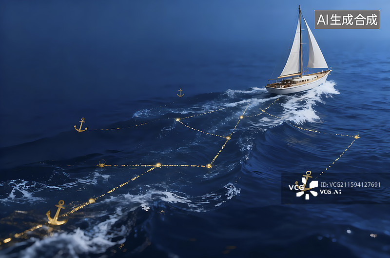 【AI数字艺术】夜间海上航行的帆船图片素材