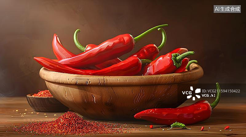 【AI数字艺术】鲜红辣椒特写 辣椒与辣椒粉背景   辣椒粉和飘在空中的辣椒  红辣椒的激情迸发  红色辣椒掉入辣椒粉图片素材