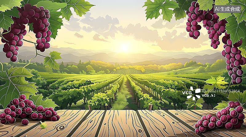 【AI数字艺术】葡萄藤下的田园风光 木质桌上的紫红葡萄串   一张舒适的木桌照片，产品展台，阳光明媚的葡萄园背景图片素材