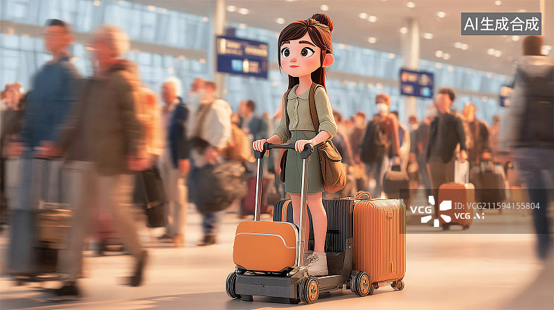 【AI数字艺术】在机场候机楼提着旅行箱的女孩图片素材
