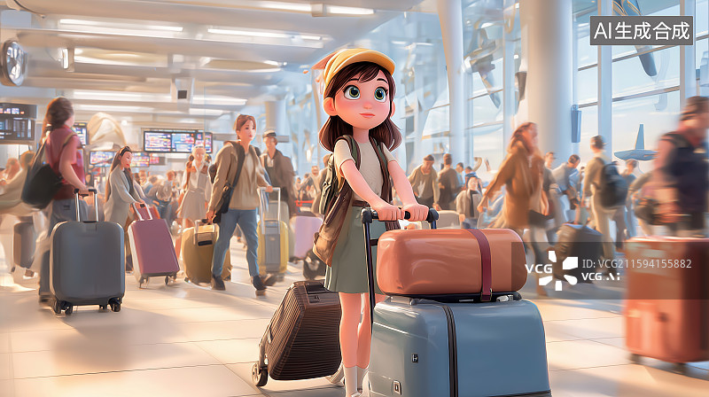 【AI数字艺术】在机场候机楼提着旅行箱的女孩图片素材