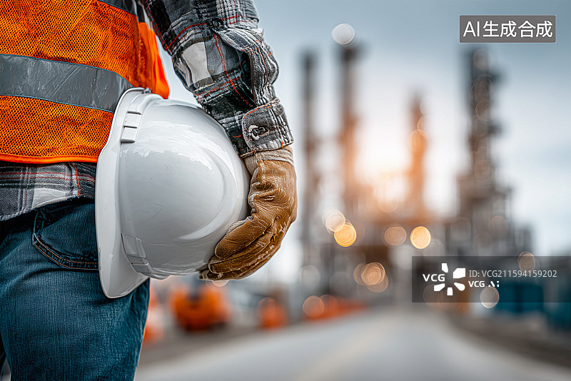 【AI数字艺术】工程人员与白色安全帽站在石油炼油厂在石油化工鸟瞰图炼油厂图片素材