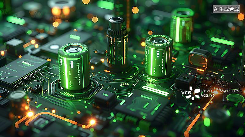 【AI数字艺术】电路板上的绿色芯片 科技感电路板芯片特写  半导体芯片AI作品，科幻芯片，电路板特写，高科技智能芯片图片素材